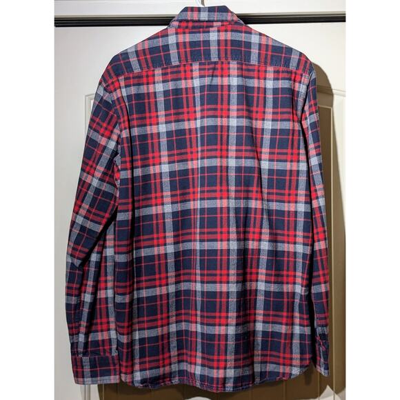 Lands' End Canvas Cotton Red Navy Plaid Pocket Flannel Button Up Shirt Mens M - Picture 2 of 10